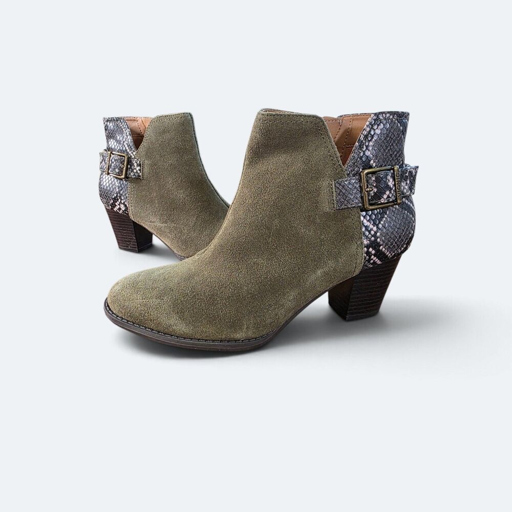Vionic Naomi Olive Suede Snake Print Arch Support Ankle Boots Booties 8.5M